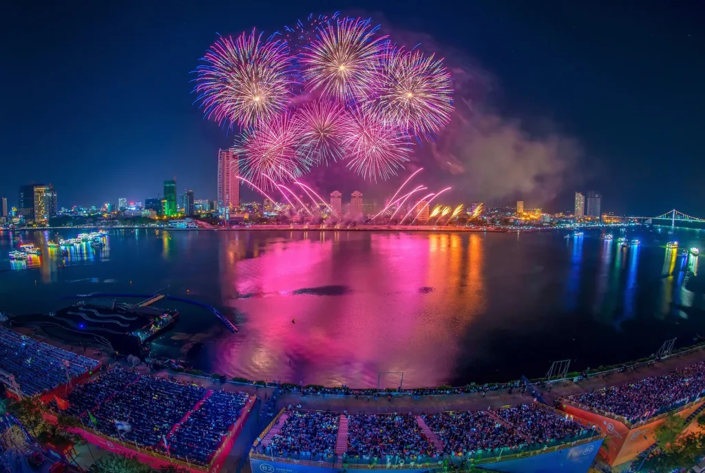 Spectacular colorful fireworks over the Dragon Bridge during DIFF 2026 in Da Nang.